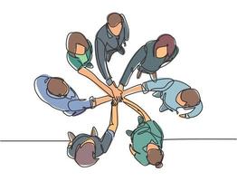 One single line drawing group of young happy business people unite their hands together to form a circle shape symbol, top view. Trendy teamwork concept continuous line draw design vector illustration