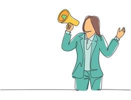 Single continuous line drawing of young angry businesswoman shouting loudly using megaphone to train her speak. Public speaking practice concept one line draw graphic design vector illustration