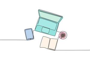 un dibujo de línea continua de una computadora portátil, teléfono inteligente, tableta y reserve una taza de café en el escritorio de la oficina de negocios desde la vista superior. concepto de mesa de espacio de trabajo. ilustración de diseño de dibujo de una sola línea vector