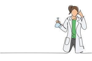 Single one line drawing female scientist with call me gesture and holding measuring tube to examining chemical solution to make vaccine. Modern continuous line draw design graphic vector illustration