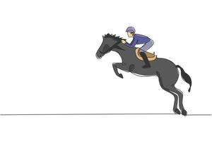 One single line drawing of young horse rider man performing dressage jumping test vector graphic illustration. Equestrian sport show competition concept. Modern continuous line draw design