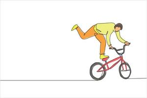 One single line drawing of young bmx bicycle rider performing freestyle trick on street vector illustration. Extreme sport concept. Modern continuous line draw design for freestyle competition banner