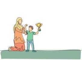 One continuous line drawing of young Arabian mother congratulate son of the award trophy that he won. Happy Islamic muslim parenting family concept. Dynamic single line draw design vector illustration