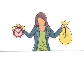 dibujo de una sola línea de mujer de negocios joven con bolsa de dinero y reloj despertador con sus manos. concepto de plazo de negocio de metáfora de minimalismo. Ilustración de vector gráfico de diseño de dibujo de línea continua