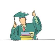 One line drawing of young happy graduate male college student wearing graduation uniform and giving thumbs up gesture in front of books stack. Education concept continuous line draw design vector