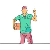 One line drawing of young happy delivery man gives thumbs up gesture while lift up and deliver carton box package to costumer. Delivery service concept. Continuous line draw design vector illustration