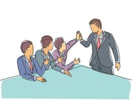 One line drawing group of businessmen celebrating their successive goal at the business meeting with high five gesture. Business deal concept continuous line graphic draw design vector illustration