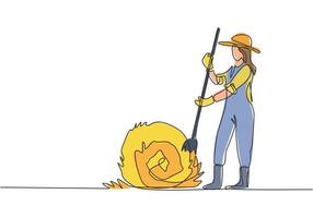 Single continuous line drawing young female farmer was stabbing a haystack and rolling it up with a straw stick. Farming minimalism concept. Dynamic one line draw graphic design vector illustration.