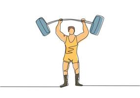 Continuous one line drawing the strongman raised the curved barbell with his two hands. His muscles were clearly visible to the circus audience Single line draw design vector graphic illustration.