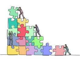 One single line drawing of two young businessman push and arrange puzzle pieces to build a strong building. Trendy business teamwork concept continuous line draw design graphic vector illustration