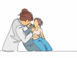 Single continuous line drawing of young female dentist examining young girl teeth condition at dental clinic. Medical health care service workers concept one line draw design vector illustration