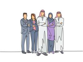 Single continuous line drawing of young male and female muslim staff employees line up together at the office. Arab middle east cloth shmagh, thawb, hijab. One line draw design vector illustration