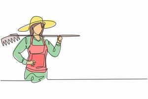 Single one line drawing young female farmer holding fork posing with hands on hip. Professional work profession and occupation minimal concept. Continuous line draw design graphic vector illustration