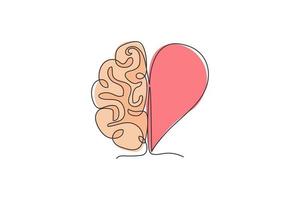 un dibujo de línea continua de la mitad del cerebro humano y el icono del logotipo en forma de corazón de amor. concepto de plantilla de símbolo de logotipo de afecto dividido psicológico. Ilustración de vector de diseño de dibujo de línea única de moda