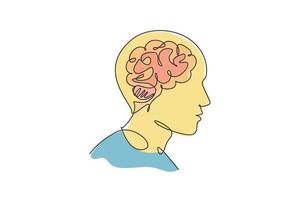 un dibujo de línea continua de cabeza humana con cerebro inteligente dentro del icono del logotipo de vista lateral. concepto de plantilla de símbolo de logotipo de oficina psicológica. Ilustración de vector de diseño de dibujo de línea única de moda