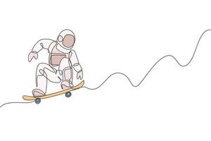 One continuous line drawing of astronaut riding skateboard in deep space galaxy. Spaceman healthy fitness sport concept. Dynamic single line draw graphic design vector illustration