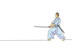 un dibujo de una sola línea de un joven guerrero samurái japonés sosteniendo una espada katana practicando en la ilustración gráfica vectorial del centro del dojo. concepto de arte marcial combativo. diseño moderno de dibujo de línea continua vector