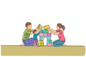 One continuous line drawing of young happy mother and father playing with son building house from foam puzzle blocks toy at home. Family parenting concept. Single line draw design vector illustration