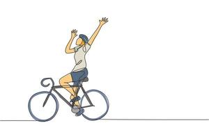 Single continuous line drawing young agile man cyclist raise his hands up to celebrate a win. Sport lifestyle concept. One line draw design graphic vector illustration for cycling race promotion media