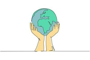 Hands hold earth. Single continuous line world global map graphic icon. Simple one line doodle for non profit organization concept. Isolated vector illustration minimalist design on white background