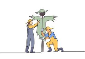 Single one line drawing of young couple farmer is installing a scarecrow to ward off pest birds. Farming challenge minimal concept. Modern continuous line draw design graphic vector illustration.