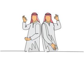 One single line drawing of young happy muslim employees give OK alright hands gesture. Saudi Arabian businessmen with shmag, headscarf, thobe, ghutra. Continuous line draw design vector illustration