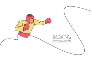 One continuous line drawing of young sporty man boxer practicing hook punch. Competitive combat sport concept. Dynamic single line draw design vector illustration for boxing match promotion poster