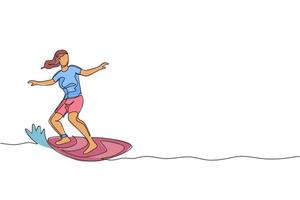 una línea continua dibujando a un joven surfista turista feliz haciendo surf en el océano ondulado. concepto de deporte acuático extremo saludable. vacaciones de verano. Ilustración gráfica de vector de diseño de dibujo de línea única dinámica