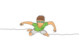 One single line drawing of young boy practice floating in swimming pool wearing goggle glasses graphic vector illustration. Summer holidays and vacation concept. Modern continuous line draw design