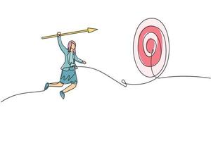 Single one line drawing young smart business woman jumping high to hit target using arrow spear. Business sales growth minimal concept. Modern continuous line draw design graphic vector illustration