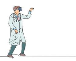 Single continuous line drawing of young happy male doctor ready to catch something while playing business simulation game. Virtual reality game player concept one line draw design vector illustration