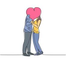 un solo dibujo de una joven pareja feliz hombre y mujer besándose y cubiertos por un globo en forma de corazón celebrando su matrimonio. Ilustración de vector de diseño de dibujo de línea continua de concepto de amor romántico