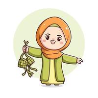 Cute hijab girl holding ketupat Chibi kawaii vector
