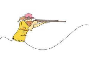 One continuous line drawing young woman on shooting training ground practice for competition with rifle gun. Outdoor shooting sport concept. Dynamic single line draw design vector illustration graphic