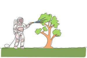 One continuous line drawing of spaceman watering plant tree using metal plastic hose in moon surface. Deep space farming astronaut concept. Dynamic single line draw design vector graphic illustration