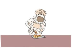 dibujo de una sola línea continua de un chef astronauta que vierte una deliciosa salsa en la comida de la parrilla en el café del espacio exterior. concepto de cocina de restaurante saludable. Ilustración de vector de diseño de dibujo de una línea de moda