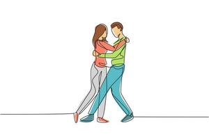 Continuous one line drawing happy people dancing salsa. Couples, man and woman in dance. Pairs of dancers with waltz tango and salsa styles moves. Single line draw design vector graphic illustration