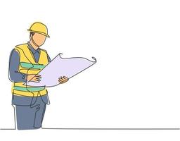 One continuous line drawing of young foreman manager controlling the construction of building. Building architecture business concept. Single line draw vector graphic design illustration