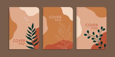 set of book cover designs with hand drawn floral decorations. abstract boho botanical background brown pastel color A4 size For book, binder, diary, planner, brochure, notebook, catalog vector