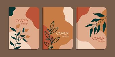 set of book cover designs with hand drawn floral decorations. abstract boho botanical background brown pastel color A4 size For book, binder, diary, planner, brochure, notebook, catalog vector