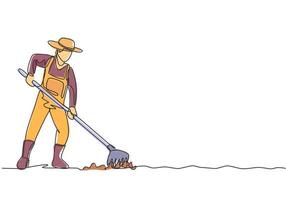 Continuous one line drawing young male farmer leveling the ground using a rake. Start a new planting season. Successful farming minimalist concept. Single line draw design vector graphic illustration.