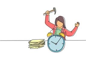 Continuous one line drawing stressful business woman hit the alarm clock with hammer. Minimalism metaphor business deadline concept. Single line draw design vector graphic illustration.