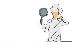 El chef de dibujo continuo de una línea con el gesto de llamarme, sosteniendo una sartén y vistiendo uniformes de cocina está listo para cocinar comidas para los huéspedes en los restaurantes. Ilustración gráfica de vector de diseño de dibujo de una sola línea