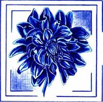 Blue dahlia in a frame. Floral botanical vector EPS illustration on a white background.
