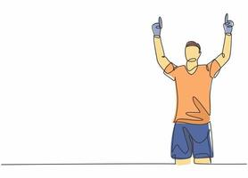 Una sola línea de dibujo de un joven futbolista siente gratitud y señala con el dedo al cielo después de marcar un gol. Concepto de celebración de gol de partido ilustración de vector de diseño de dibujo de línea continua