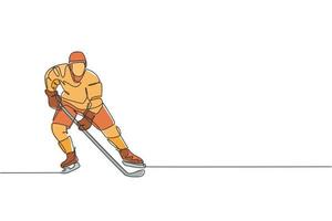 One continuous line drawing of young professional ice hockey player exercising and practicing on ice rink stadium. Healthy extreme sport concept. Dynamic single line draw design vector illustration