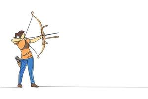 One continuous line drawing of young archer woman pulling the bow to shooting an archery target. Archery sport training and exercising concept. Dynamic single line draw design vector illustration