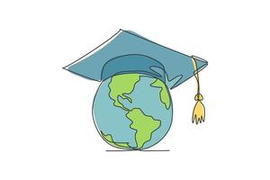 globo terráqueo con sombrero de graduación. dibujo de una línea de diseño de ilustración vectorial minimalista sobre fondo blanco. estilo gráfico moderno de línea simple aislada. concepto gráfico dibujado a mano para la educación vector