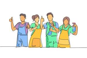 One line drawing of groups of group male and female janitor giving thumbs up gesture. Cleaning service teamwork concept. Continuous line draw design vector illustration