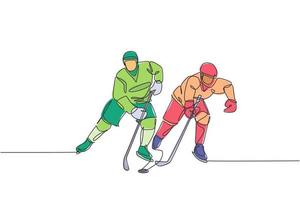 una línea continua dibujando a dos jóvenes jugadores profesionales de hockey sobre hielo haciendo ejercicio juntos en el estadio de pista de hielo. concepto de deporte extremo saludable. Ilustración de vector de diseño gráfico de dibujo de línea única dinámica